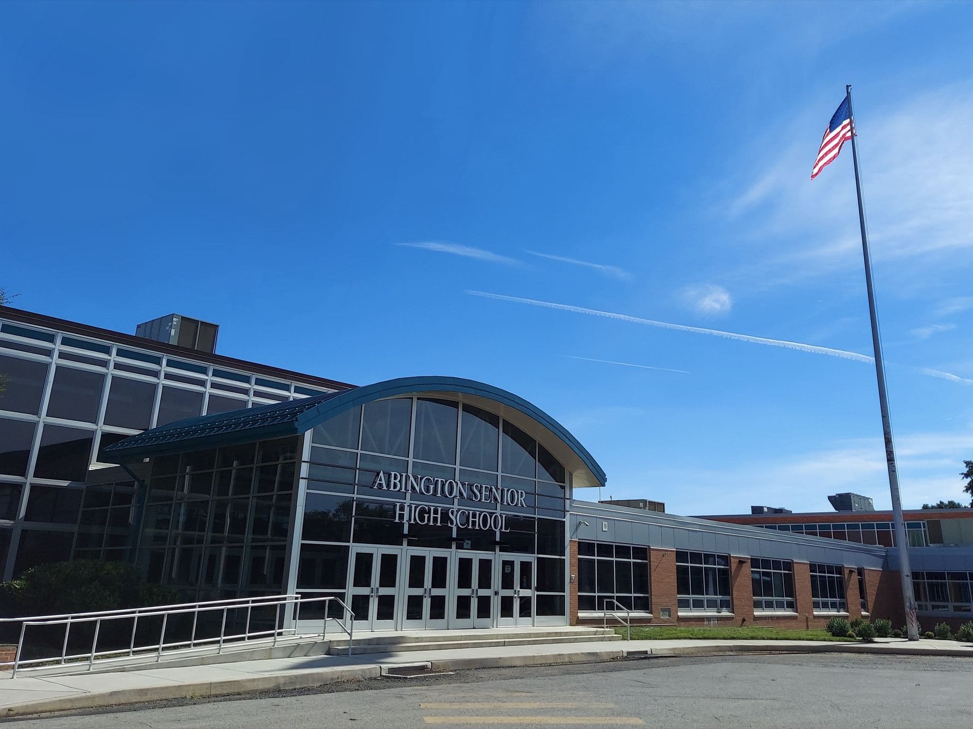 Abington Senior High School, Pennsylvania, photographed in 2021. The building has changed; the first Leo club in the world was formed by students here in 1957.